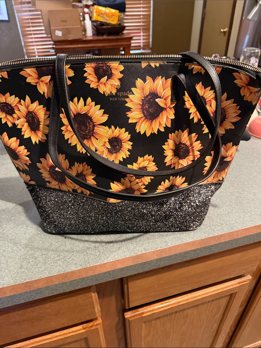 kate spade Black Sunflower Glitter Bottom Tote